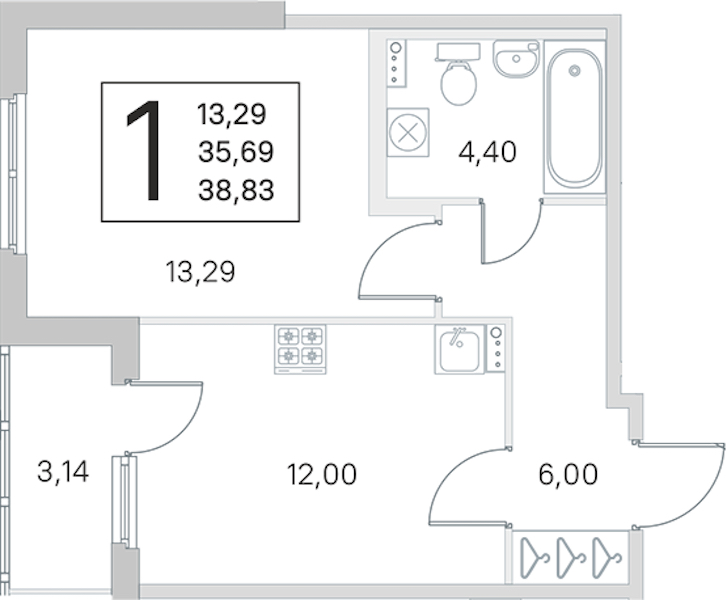 1-комнатная квартира 35.69 м², 1/4 эт., ЖК «Любоград в Стрельне»